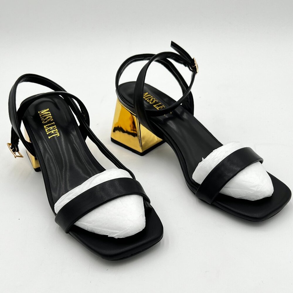 miss left Black Chic  Slingback Low Chunky Heels Sandals Open Toe Backstrap Shoe